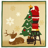 Christmas-themed furoshiki wrapping cloth with Santa Claus, reindeer, and Christmas tree design.