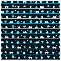 Patterned cloth with snowflakes, birds, and horizontal lines on a dark blue background.