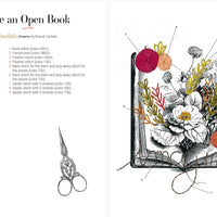 Illustration of an open book with floral elements and a pair of scissors on a white background.
