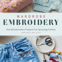 Book cover of 'Wardrobe Embroidery' with embroidered clothes and sewing tools.