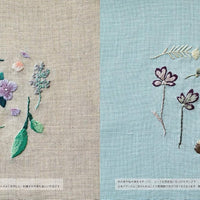 Embroidered floral designs on fabric with a beige and blue background.
