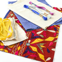 Vintage Embroidered Indian Fabric & Thread Bundle – Red Mirror work