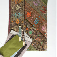 Collection of fabric swatches and sewing materials on a white background