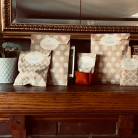 Decorative packages with patterns on a wooden surface