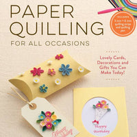 A book cover of 'Paper Quilling for all Occasions' displaying various paper quilled decorations and a completed paper quilled card with a birthday message.