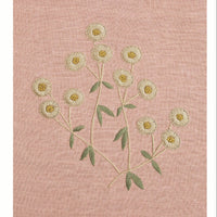 Embroidered floral design on a pink fabric background