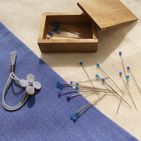 Glass Sewing Pins in a Cherry-Wood Box, Blue