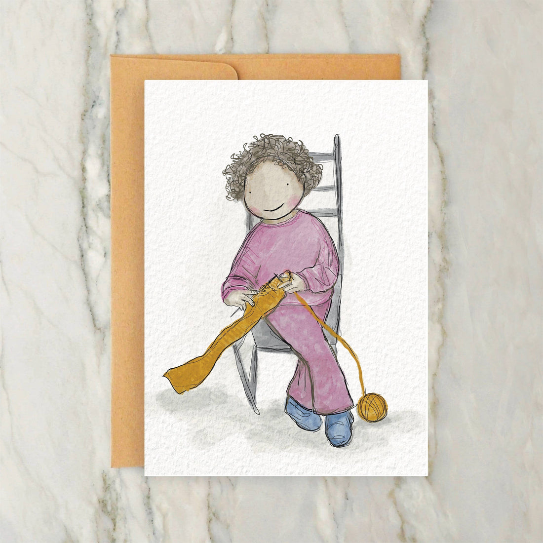 Knitting a Yellow Scarf Blank Card
