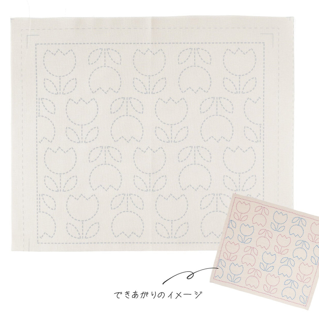 White fabric with floral pattern and a smaller sample of the same pattern on a white background