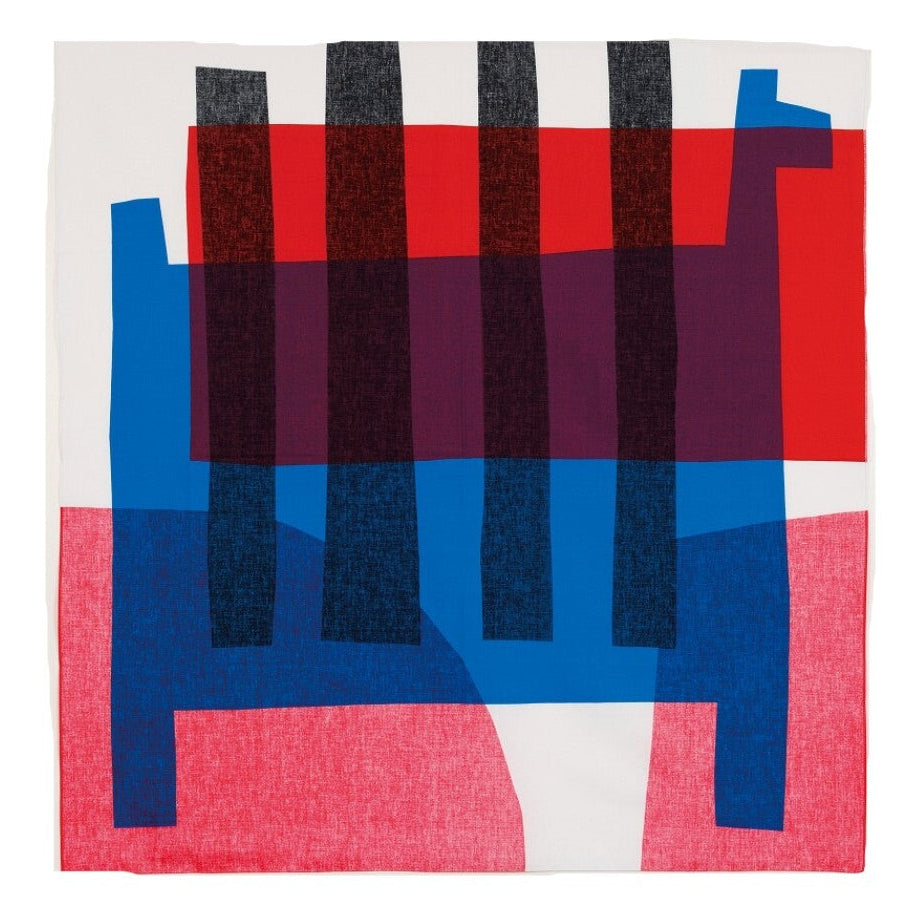 Abstract geometric cloth with horse motif depicted with blocks of color on a white background