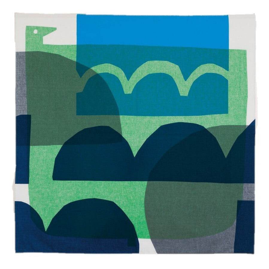 Fabric with abstract green and blue pattern on a white background