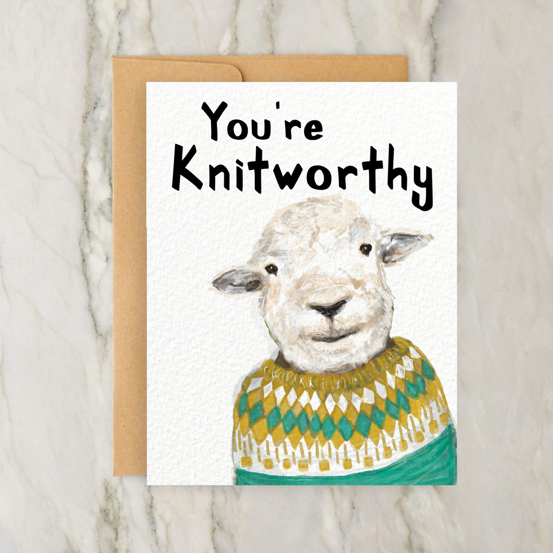 Sheep in Sweater You're Knitworthy Blank Card