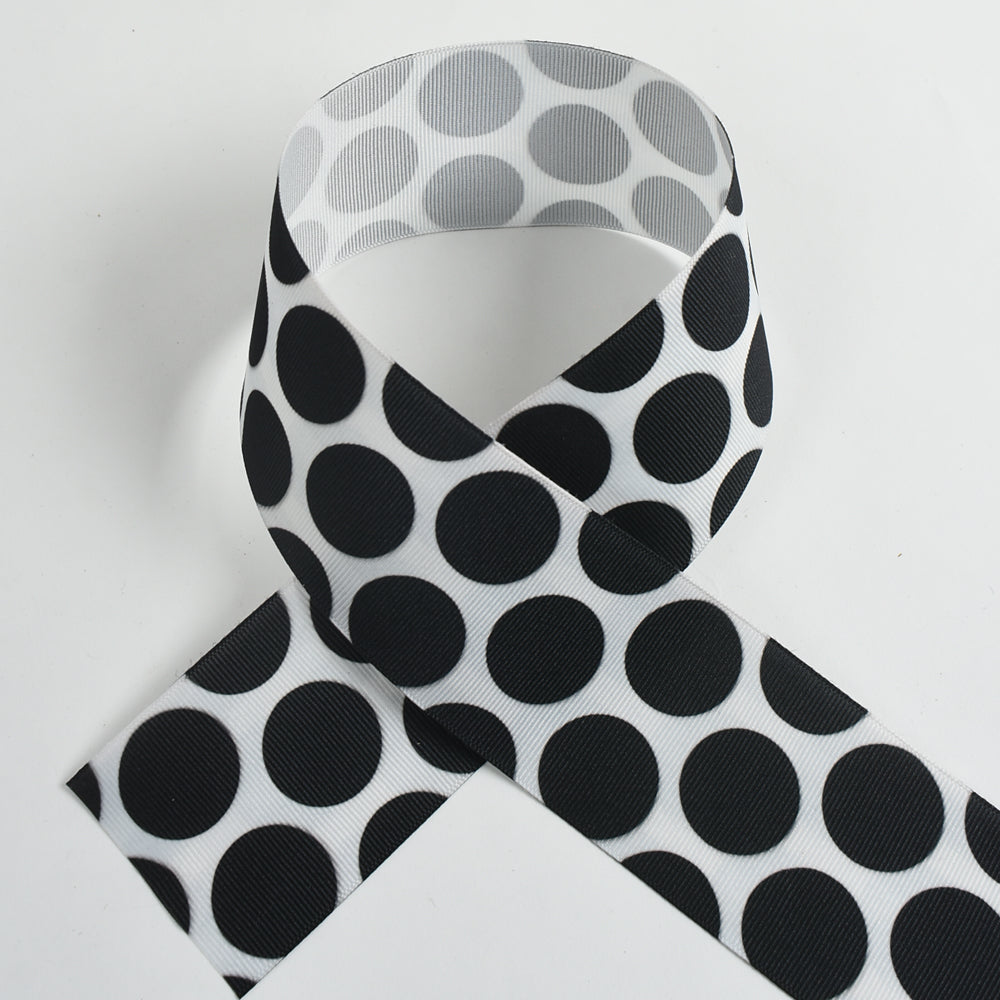 Black Coin Dots on White Grosgrain Ribbon - 2-1/4" - 10 yds
