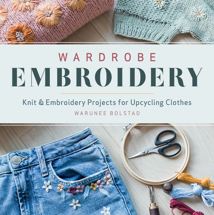Book cover of 'Wardrobe Embroidery' with embroidered clothes and sewing tools.