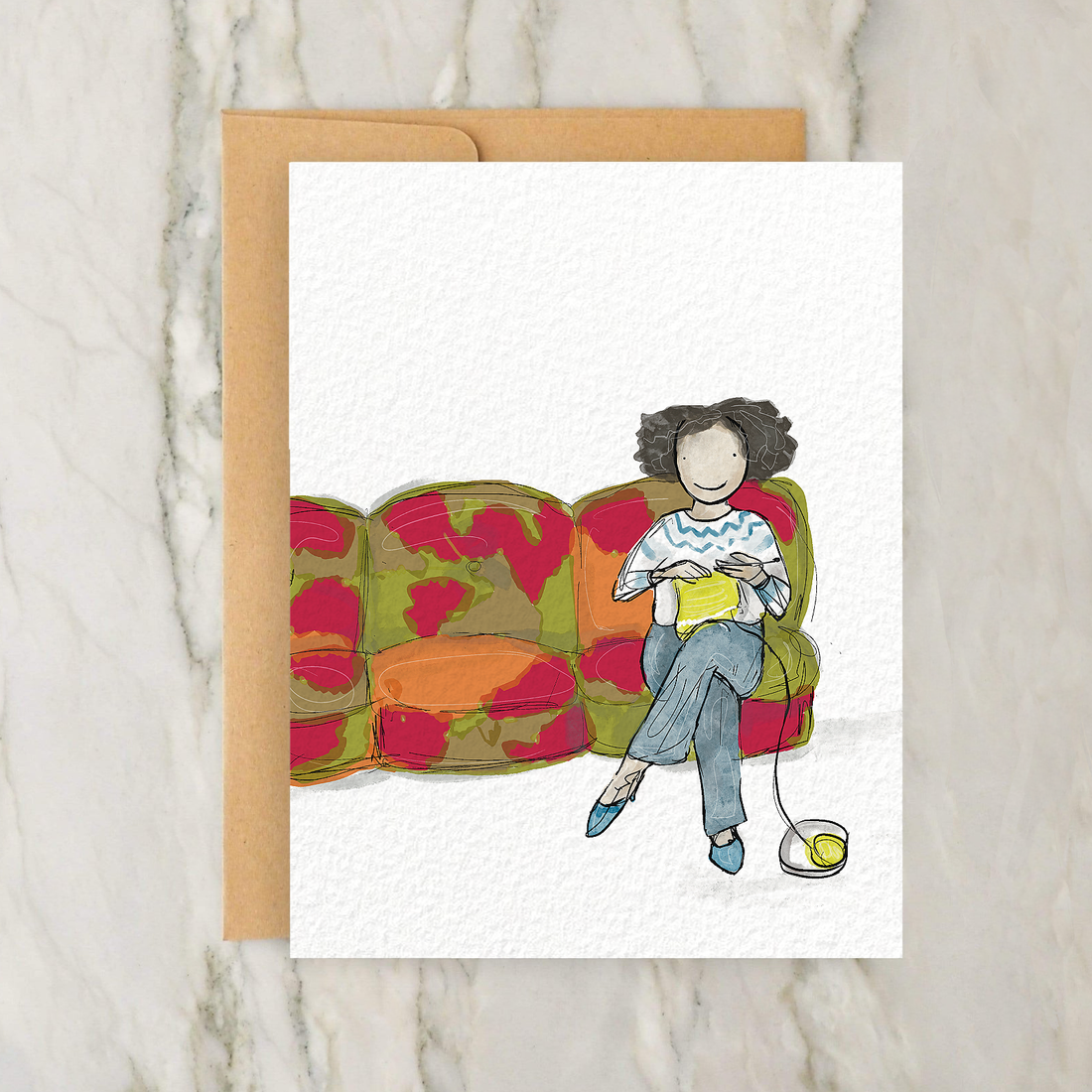 Knitting on a Colorful Couch Blank Card