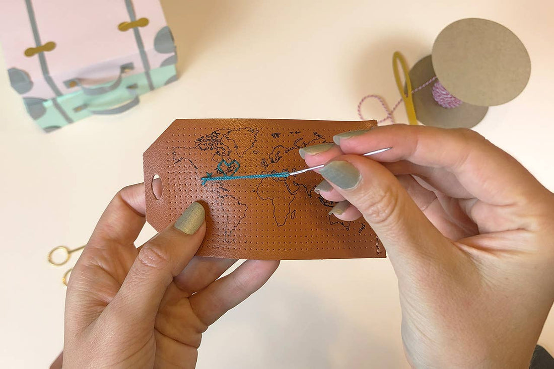 Map Luggage Tag Stitching Kit, Brown Leather