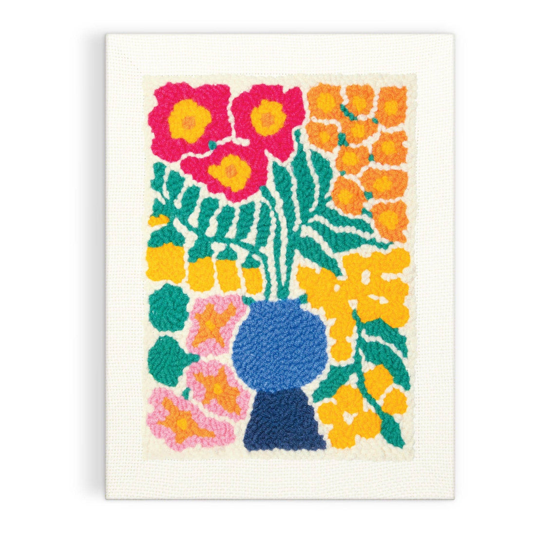 Colorful floral design with a blue vase on a white background