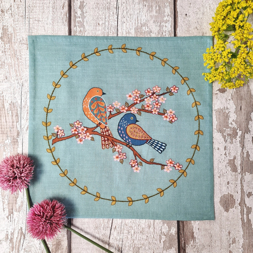 Printed Linen Embroidery Kit - Birds & Blossoms