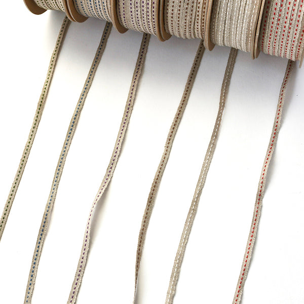 Linen Running Stitch Ribbon 2 yds - Natural/Currant Red