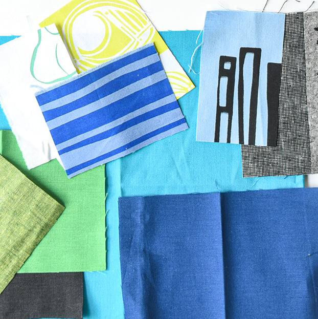 Collection of fabric swatches in various colors and patterns on a white background