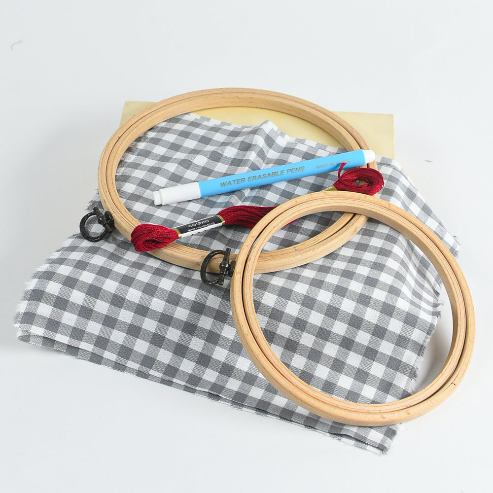 Gingham Embroidery Supply Kit - Gray & red