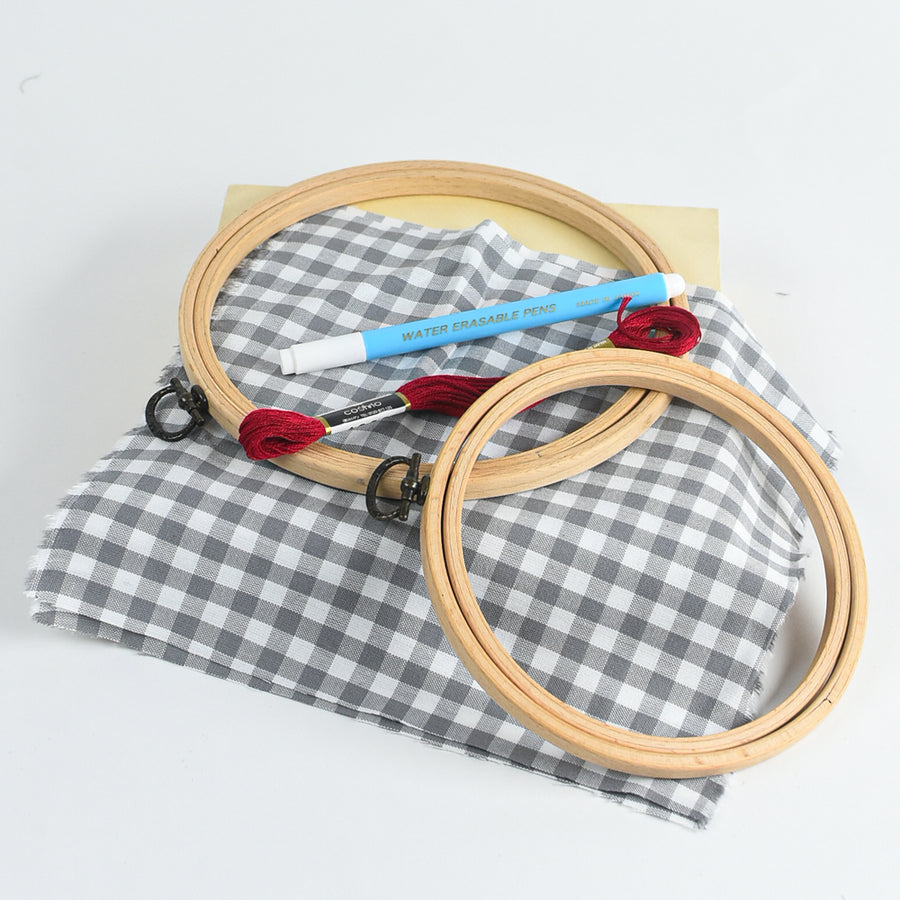 Gingham Embroidery Supply Kit - Gray & red