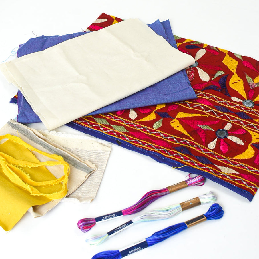 Vintage Embroidered Indian Fabric & Thread Bundle – Red Mirror work