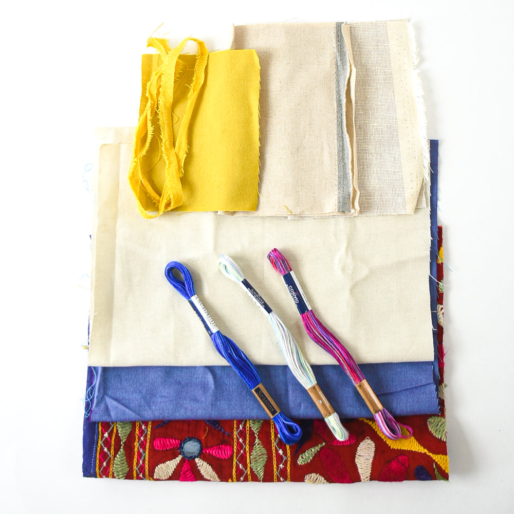 Vintage Embroidered Indian Fabric & Thread Bundle – Red Mirror work