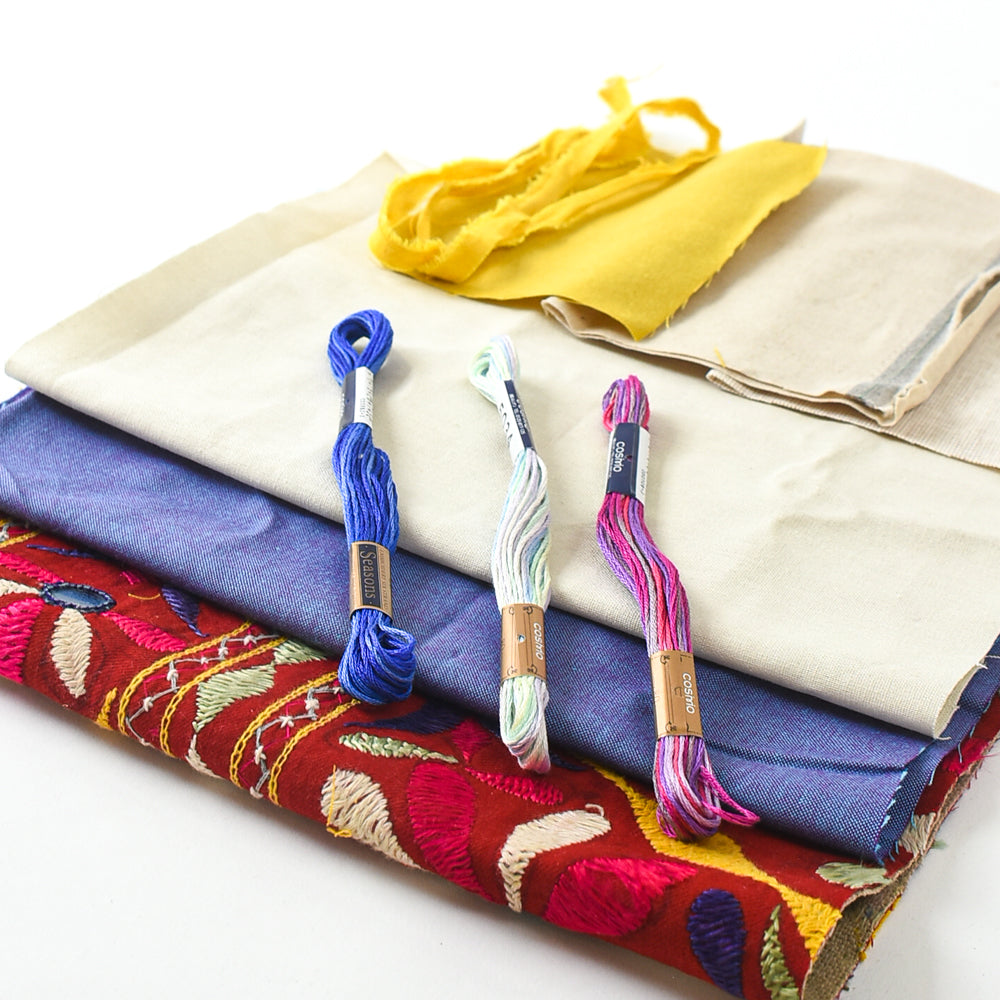 Vintage Embroidered Indian Fabric & Thread Bundle – Red Mirror work