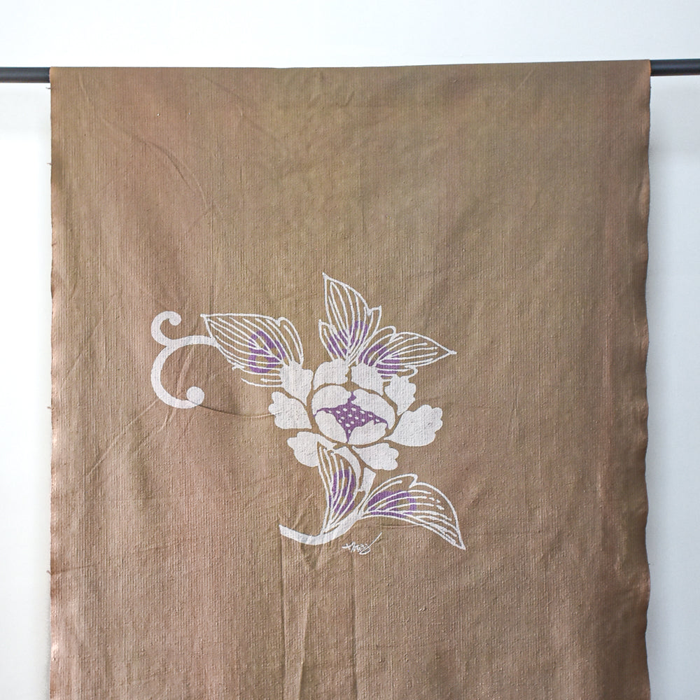 Hand-Painted Floral on Persimmon-Dyed Cotton, Artist Signed