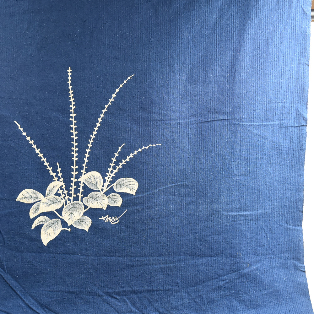 Indigo-Dyed Cotton Panel – Hand-Painted Hagi (Bush Clover) Motif