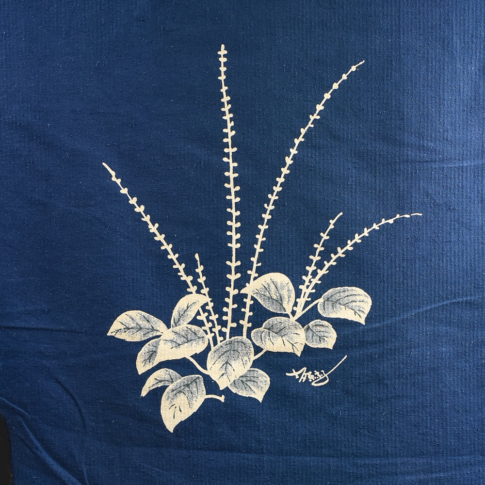 Indigo-Dyed Cotton Panel – Hand-Painted Hagi (Bush Clover) Motif