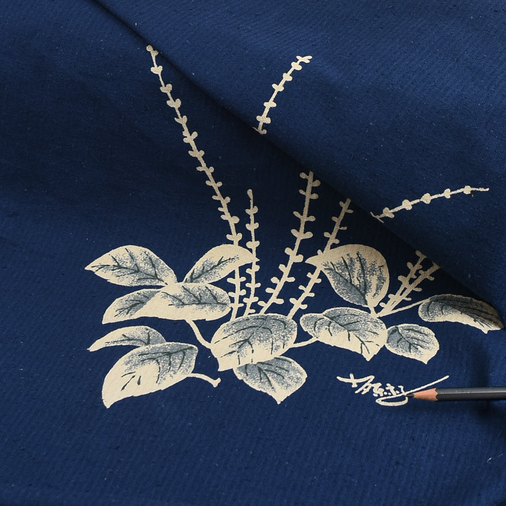 Indigo-Dyed Cotton Panel – Hand-Painted Hagi (Bush Clover) Motif