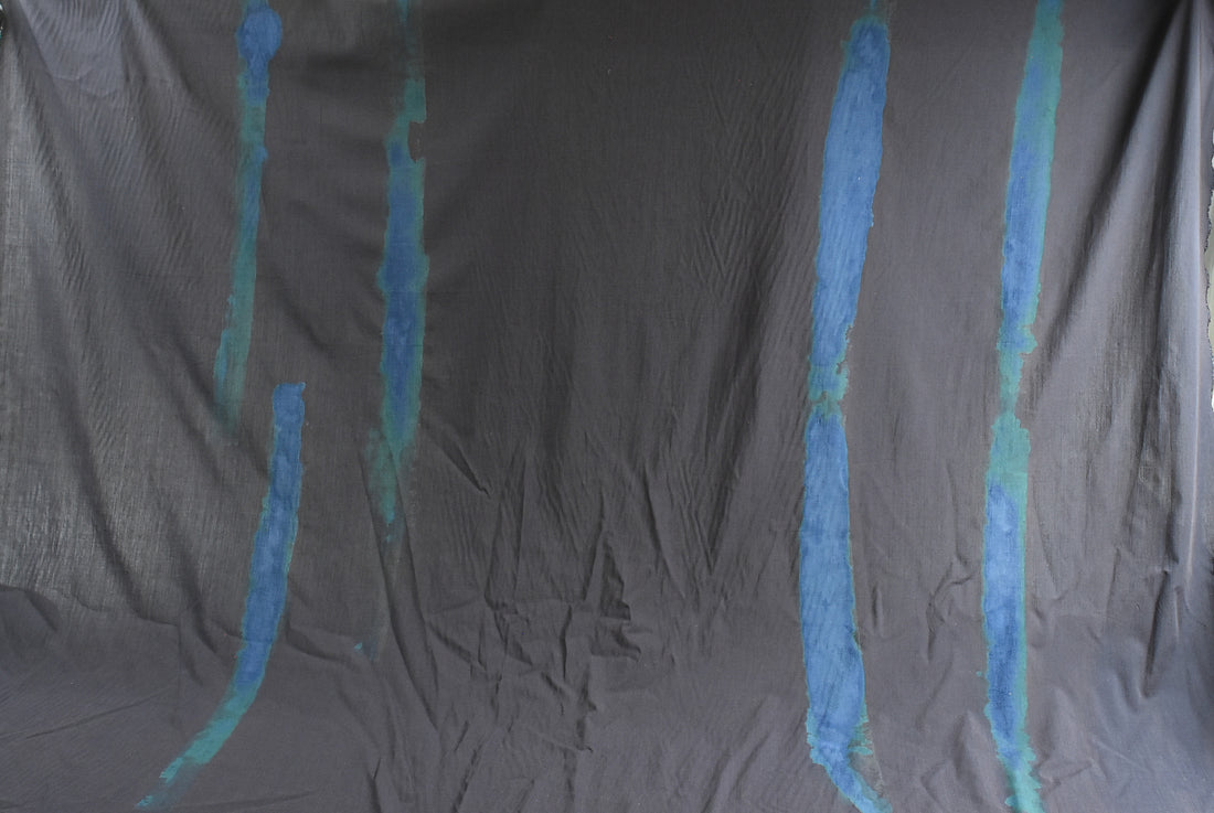 Hand-Dyed Indigo & Green Brushwork on Black Silk
