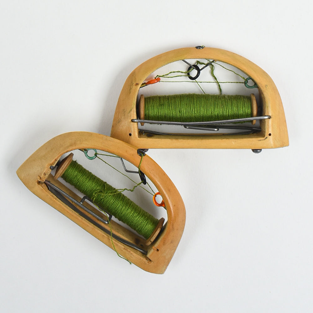 Antique Art Deco Wooden Weaving Shuttle – Green Silk
