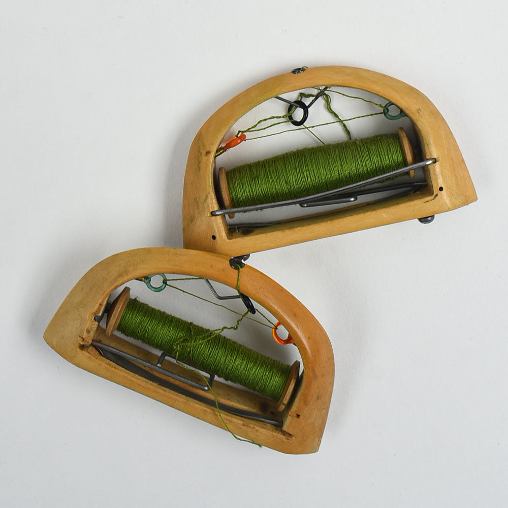 Antique Art Deco Wooden Weaving Shuttle – Green Silk