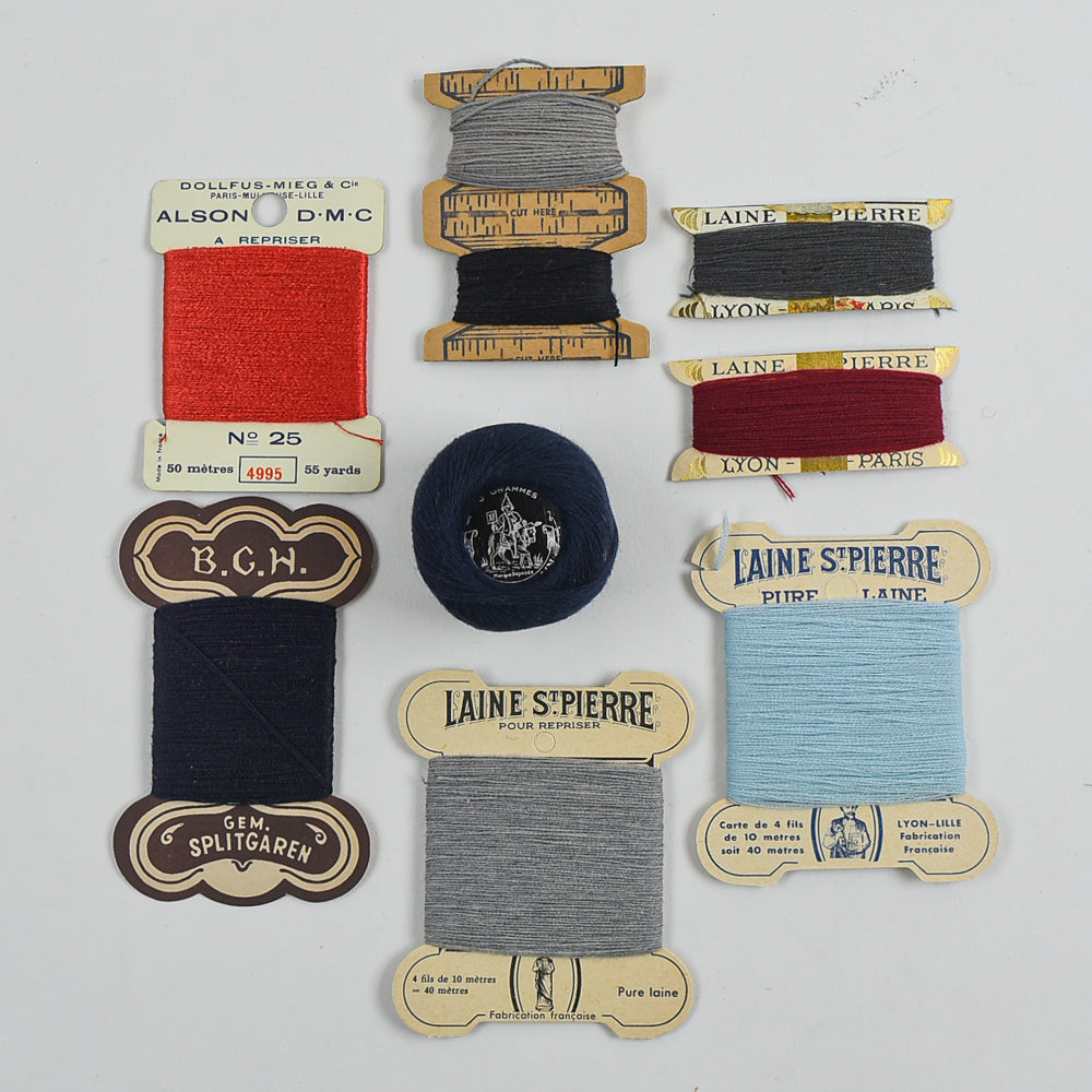 Vintage Darning Thread Collection – Navy, Red & Gray