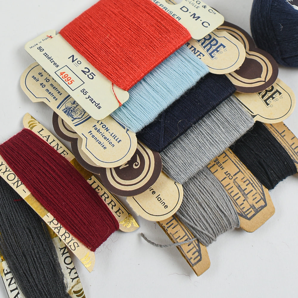 Vintage Darning Thread Collection – Navy, Red & Gray