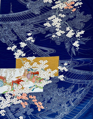 Vintage Japanese Fabric -1/2 yd - Blue Floral Blend