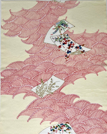 Vintage Japanese Silk -1/2 yd - White/Red Waves