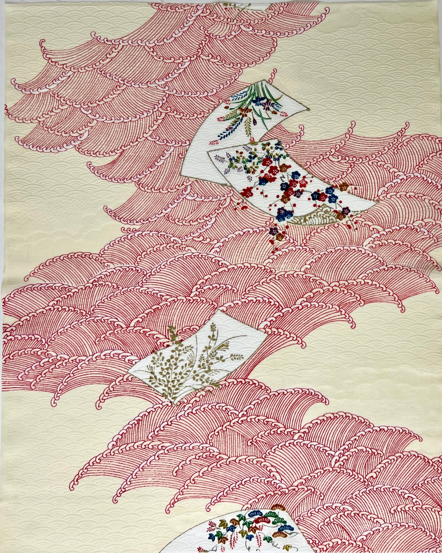 Vintage Japanese Silk -1/2 yd - White/Red Waves