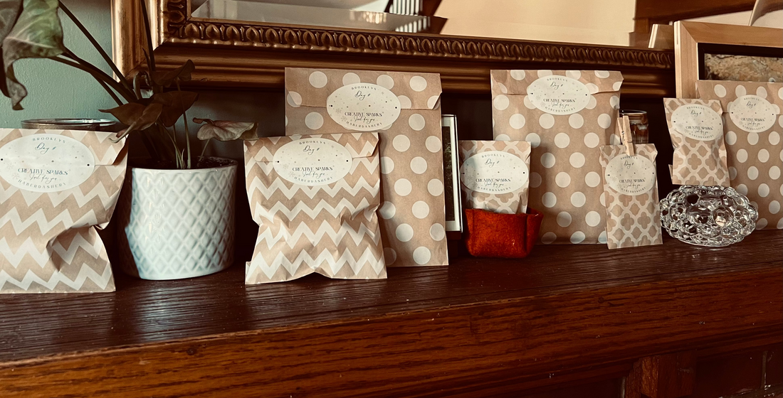 Decorative packages on a wooden surface with a mirror in the background
