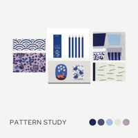 A pattern study board displaying various blue and purple textile and graphic designs, alongside a set of blue pencils and a blue patterned box, with the text 'PATTERN STUDY' and a row of color swatches at the bottom.