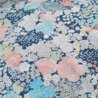 Floral fabric pattern with pink, blue, and white flowers on a dark blue background