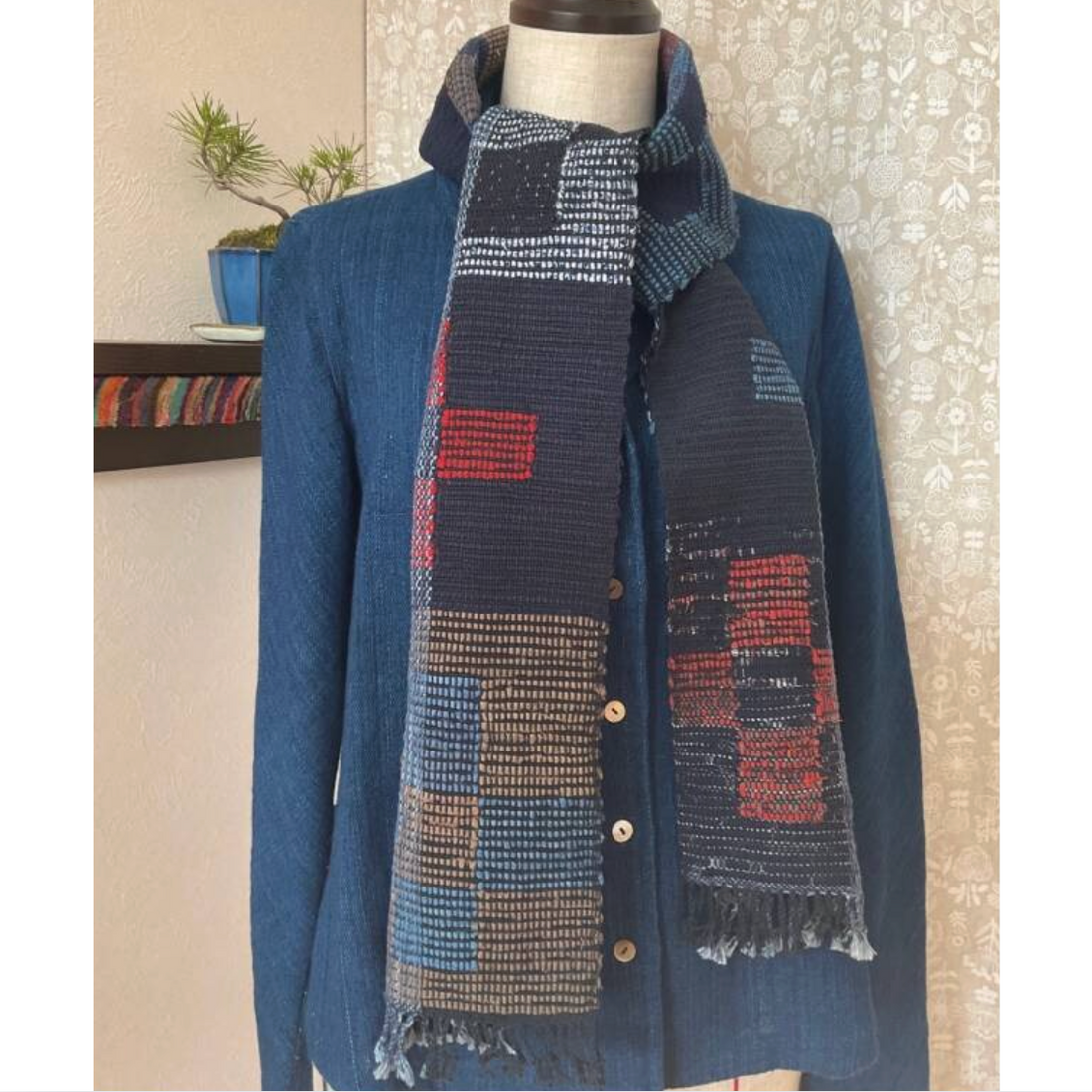 Blocked Floral Sakiori Handwoven Scarf Table Runner