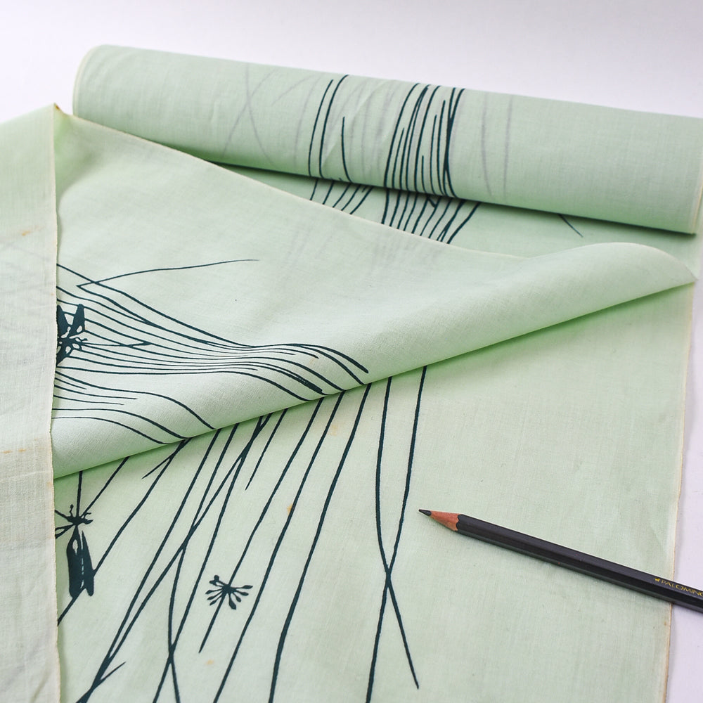 Vintage Yukata Cotton — Susuki Grass & Dragonfly Scene (Green)