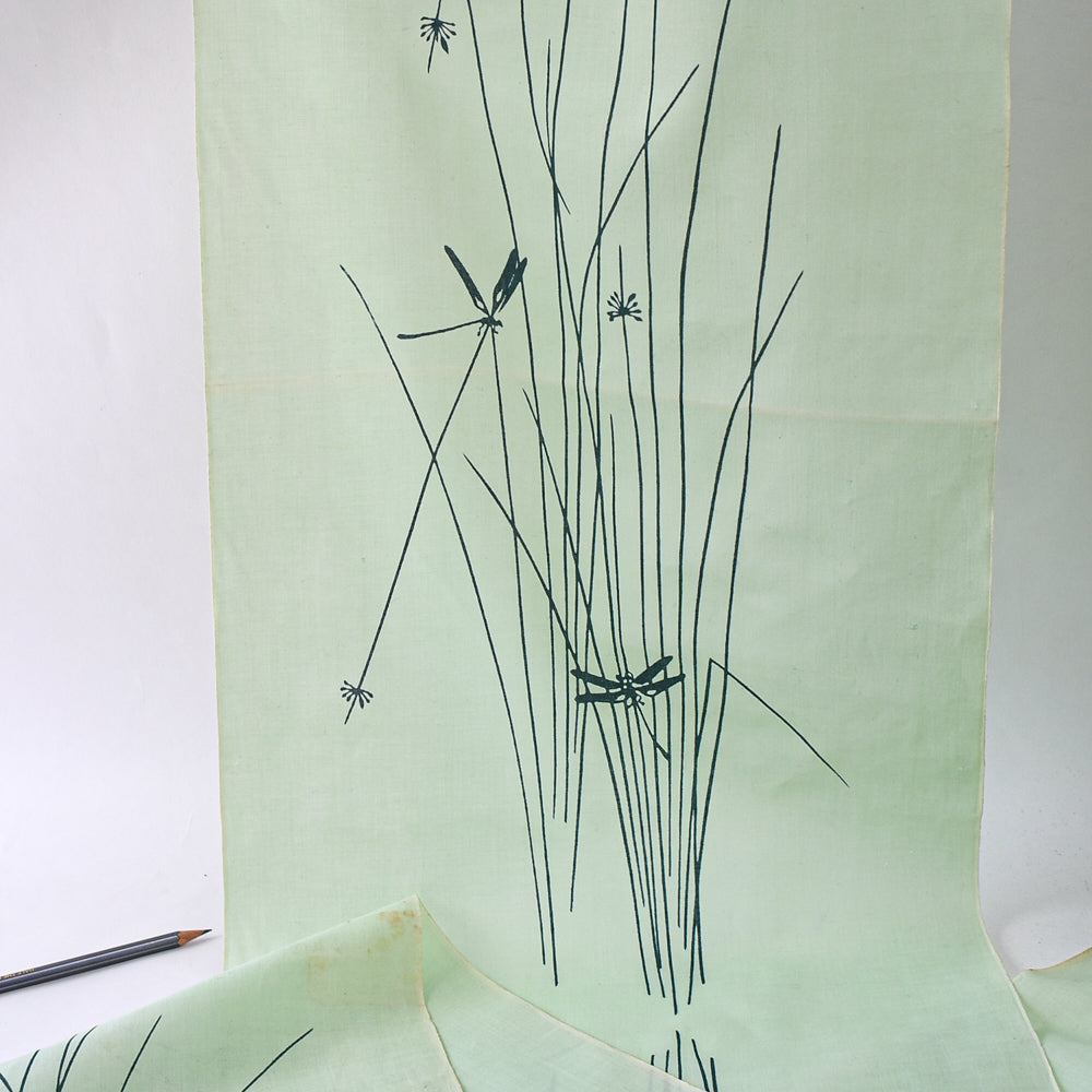 Vintage Yukata Cotton — Susuki Grass & Dragonfly Scene (Green)