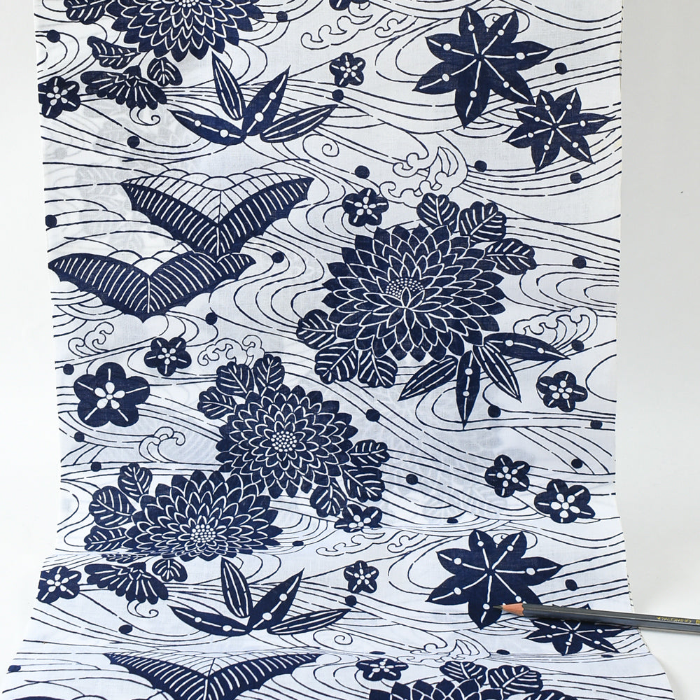 Vintage Yukata Cotton - Chrysanthemum & Flowing Water Motif