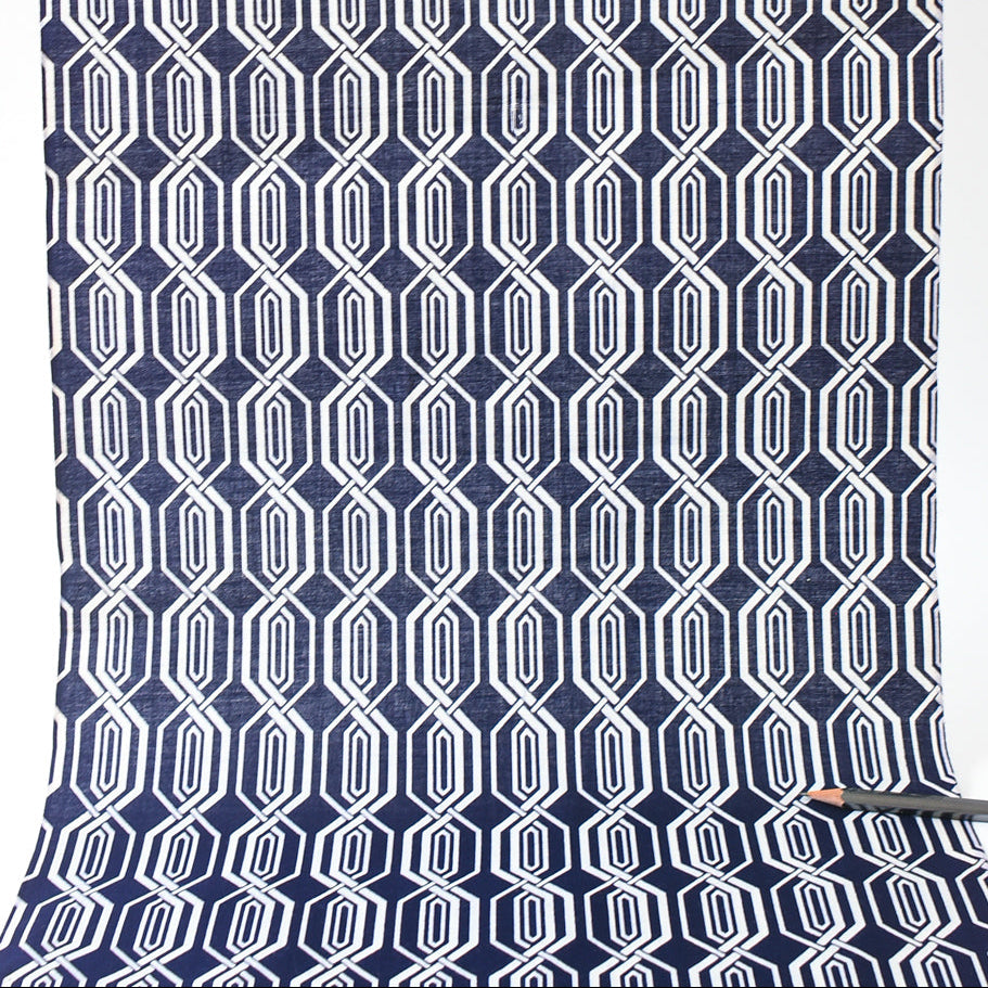 Navy blue fabric with white geometric pattern