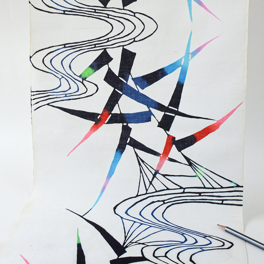 Vintage Yukata Cotton — Abstract Stream & Geometric Motif